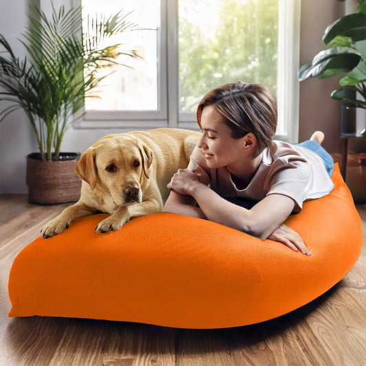 Yogiboの上で愛犬とくつろぐ女性